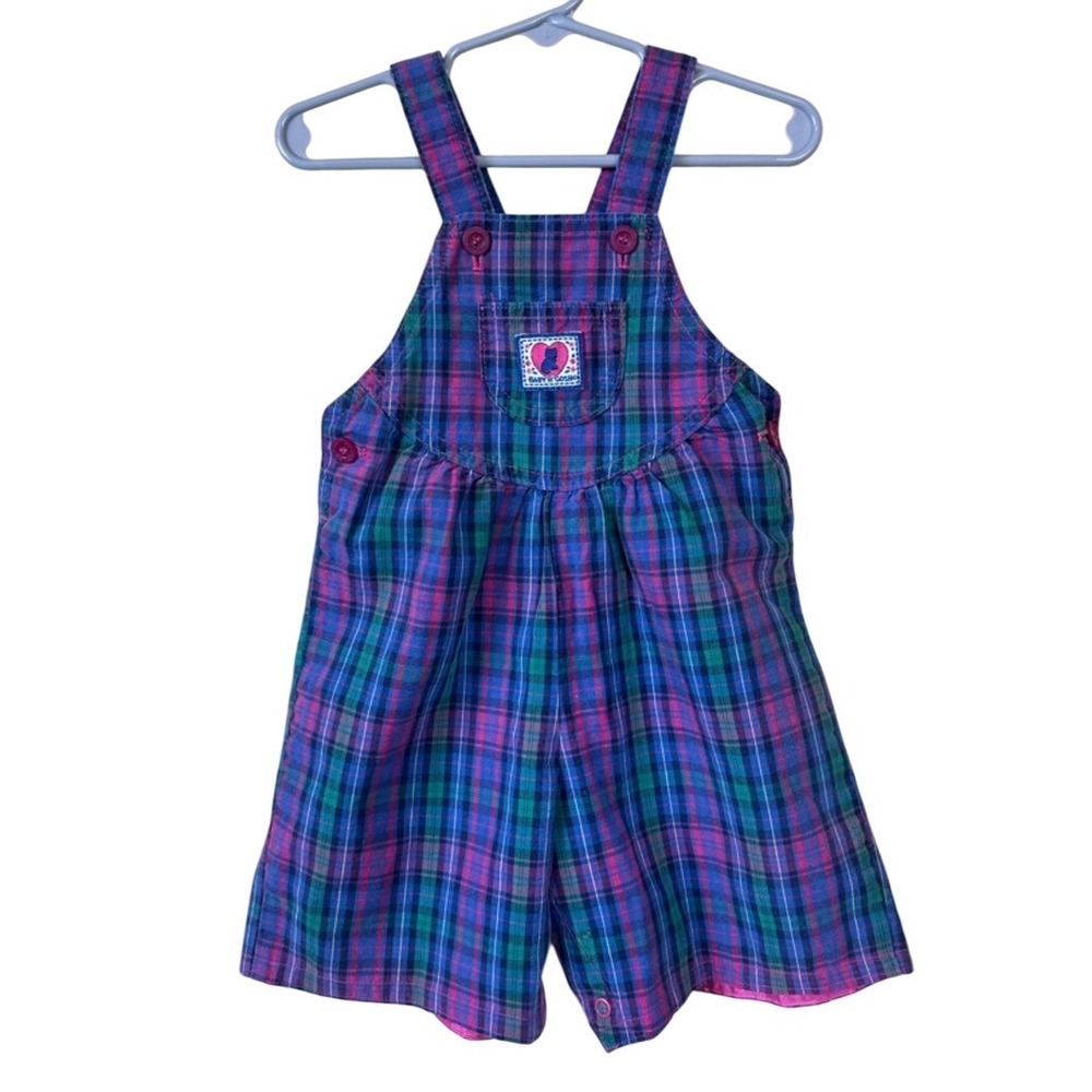 OshKosh Baby B'gosh Vintage 90s Plaid Cat Logo Heart Overall Shorts USA 24m